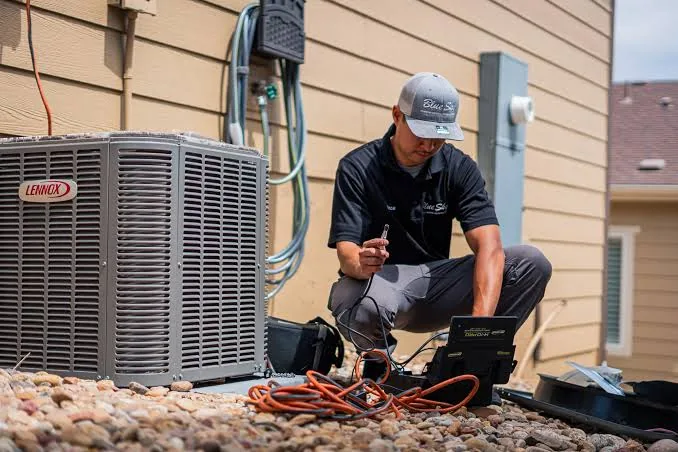 Outdoor residential condenser being tested with diagnostic equipment beside a house